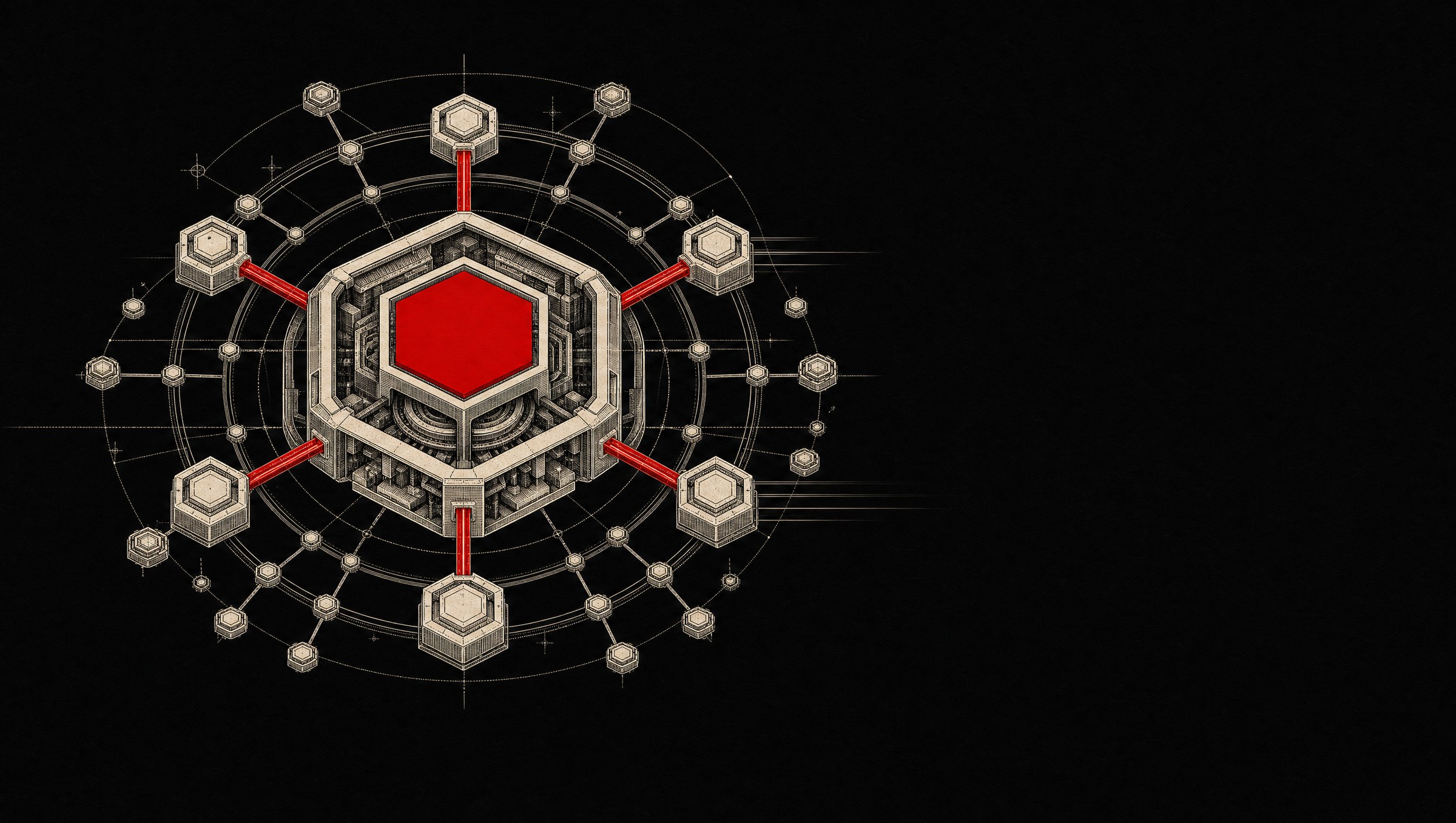 Cover illustration: a central anchor article rendered as a weighted hexagonal node, drawn in paper on ink with one red element